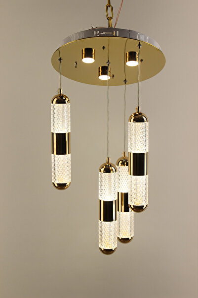 GN GEN AYDINLATMA Modern Gold Kuşaklı Kristalize Kapsül Seri 4lü Ledli Avize