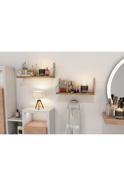 Vivense BİNO MASİF AĞAÇ PASLANMAZ DEKORATİF MUTFAK BANYO RAFI, İKİLİ SET, GOLD