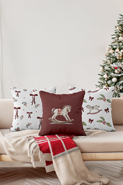ASDİVA Frosty Carousel Bow Patterned Christmas Themed Set of 4 Decorative Throw Pillow Covers Burgundy-White
