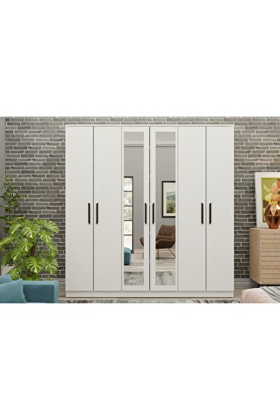 Vivense FAVORİTE AYNALI GARDIROP, 6 KAPAKLI, BEYAZ SİYAH KULPLU, GM 081