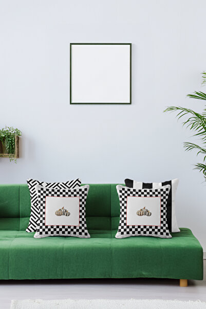 ASDİVA Marquina Dama Patterned Pumpkin Themed Set of 4 Decorative Throw Pillow Covers Black-White