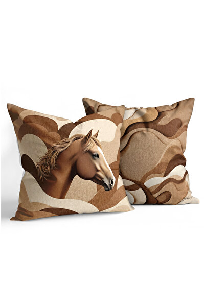 CANİLA Modern Abstract Motif Digital Printed Throw Pillow Cover with Horse Pi...