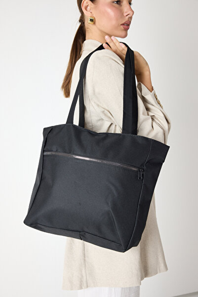 Tonny Black Women's Black Large Size Fabric Shoulder Bag with Front Zipper