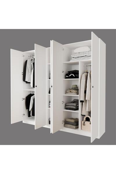 Bimossa KD8040 GOSS 225 cm Beyaz Kapaklı Gardırop, 3 Askılı, Dar Raflı, Yüklüklü, 5 Kapaklı Elbise Dolabı