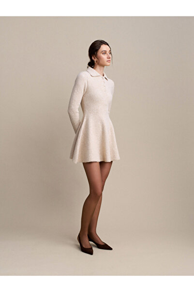 Dilvin 90264 Polo Yaka Peplum Triko Elbise-A.Bej Mel.