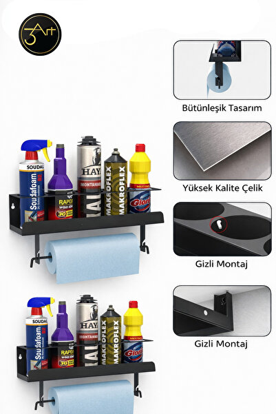 3Art Metal Dekorasyon Tic.Ltd.Şti Workshop Wall Shelf – Organizer Shelf with Paper Towel Holder, Garage and Hobby Area Organizer