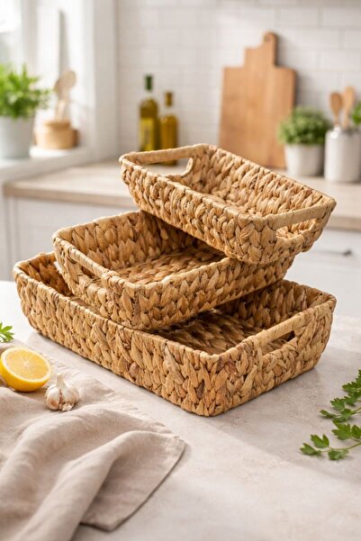 ALLEGRI 3 صواني سلة من القش للأولاد، منظم متعدد الأغراض لتخزين الخبز والفواكه