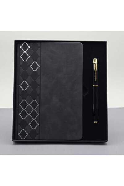 shopwave Patterned Black Leather Notebook Pen Set