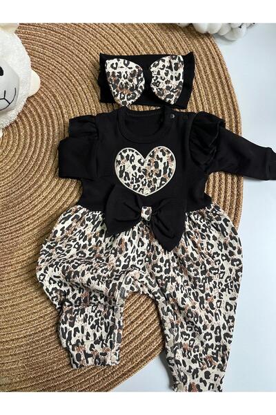 NATÜREL BEBE GİYİM LEOPAR DESENLİ BANDANALI KIZ BEBEK TULUM