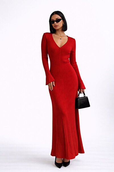 Çeşme Home Fitilli Triko V Yaka Uzun Elbise – Esnek Kalıp – 3 Renk