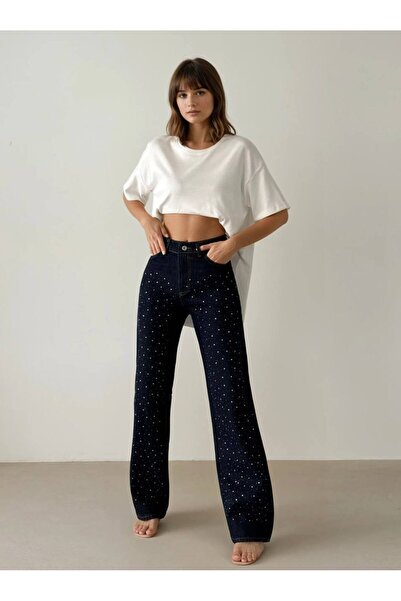 Ecenin Favorileri 100% Cotton Stone Navy Blue Denim Women's Trousers