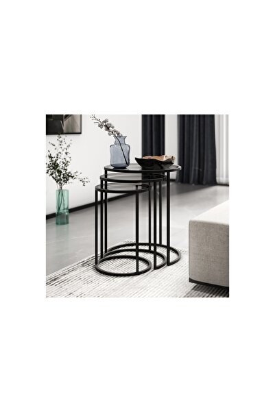 Vivense MARSAH HOME ZİGON SEHPA TAKIMI, METAL AYAKLI, FÜME CAMLI