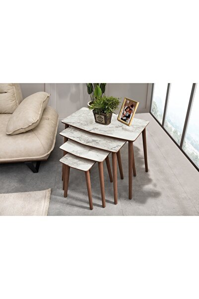 Vivense VEGA ZİGON SEHPA, DÖRTLÜ, BEYAZ MERMER DESENLİ