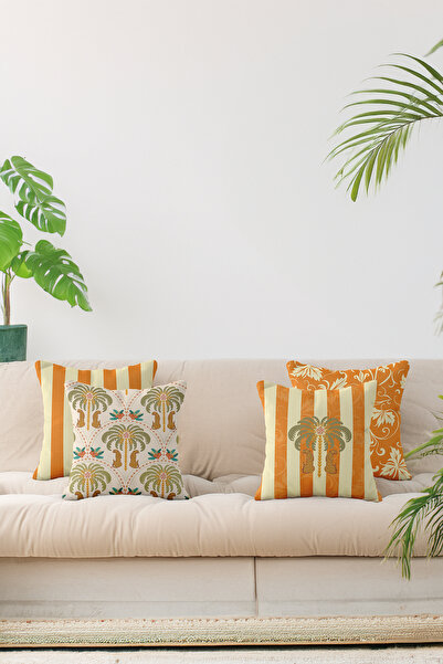 ASDİVA Wilda Soft Tropic Striped Patterned Set of 4 Decorative Throw Pillow C...