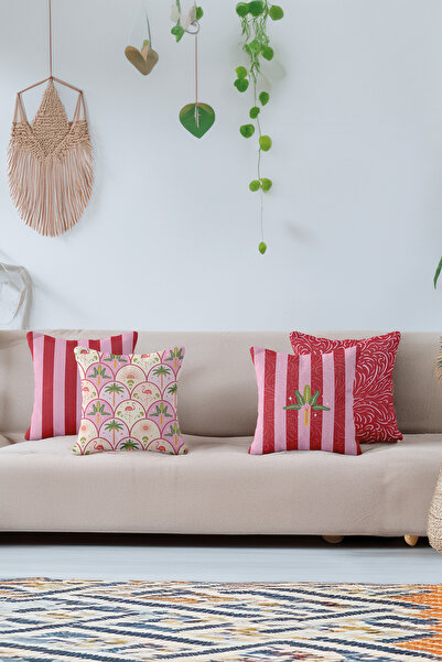 ASDİVA Flamora Tropical Palm Flamingo Pattern Crane Themed Set of 4 Decorative Throw Pillow Covers Pink-Red