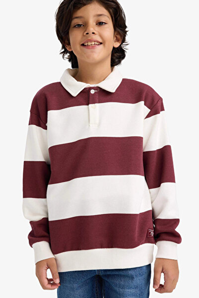 DeFacto F5751A8Br303 Claret Red Boy's Polo Neck Color Block Long Sleeve T-Shirt