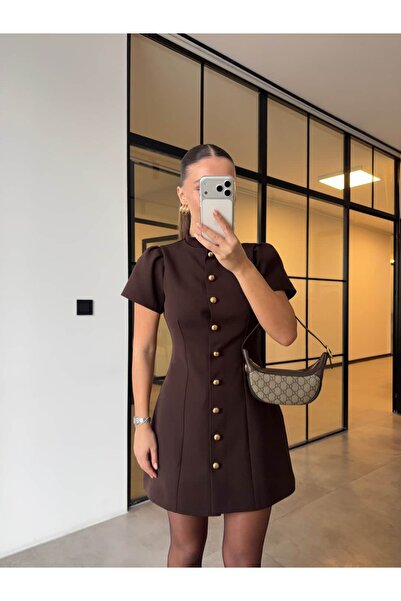 BB Bensu Buyruk Gold Buttoned Bell Model Dress