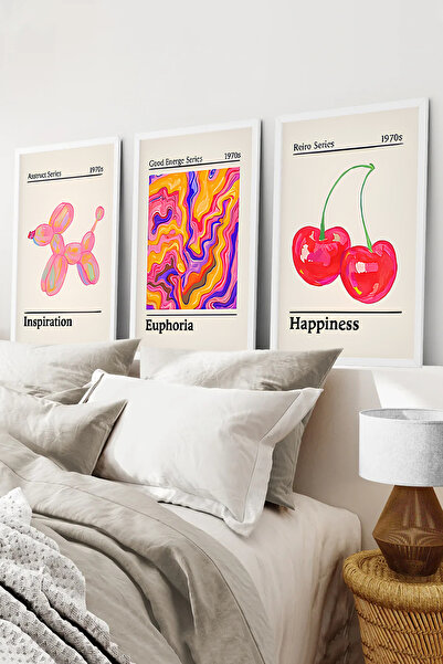 kutuTR Beyaz Çerçeveli 2D UV Baskı 3’lü MDF Tablo–Reiro series happiness tema...