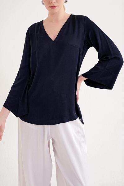 SOCIETA Lacivert V yaka saten bluz 19828