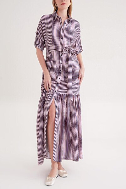 SOCIETA Çizgili Büzgülü uzun gömlek elbise 94523