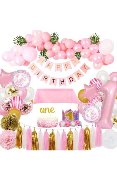 generalbuiltin 1st BIRTHDAY DECORATIONS for Girl Pink Theme Kit Set