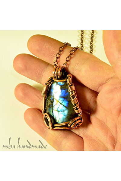 mba handmade jewelry Labradorit Kristali El Yapımı Saf Bakır Otantik Kolye - ...