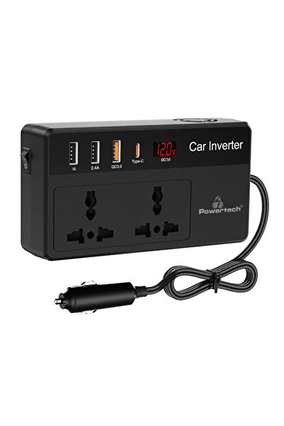 POWERTECH inverter αυτοκινήτου PTL-023, 200W, 12V DC σε 220V AC, με USB-C/3x USB
