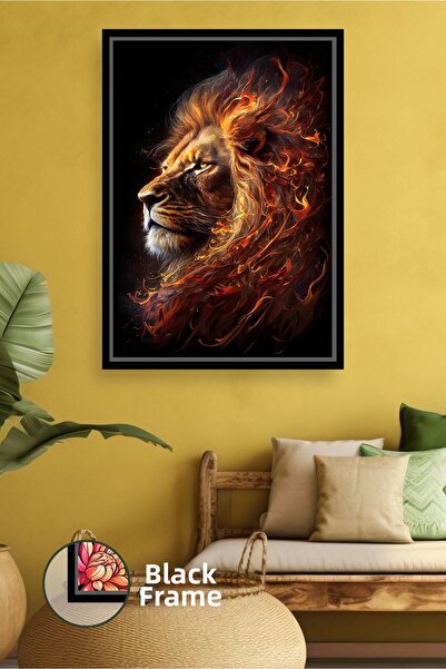 KOSS Dijital Пламенна лъвска фигура на черен фон Модерна декорация за стена с...
