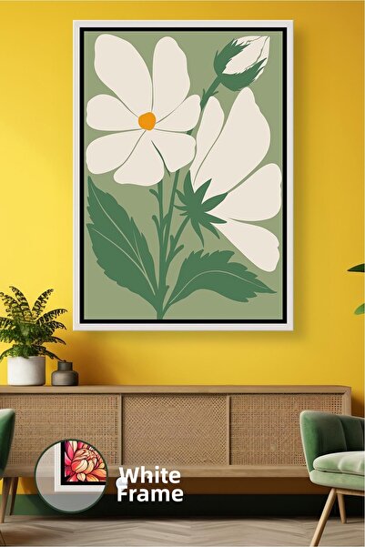 KOSS Dijital Decor de perete boho cu flori albe pe fundal verde, pictură pe p...