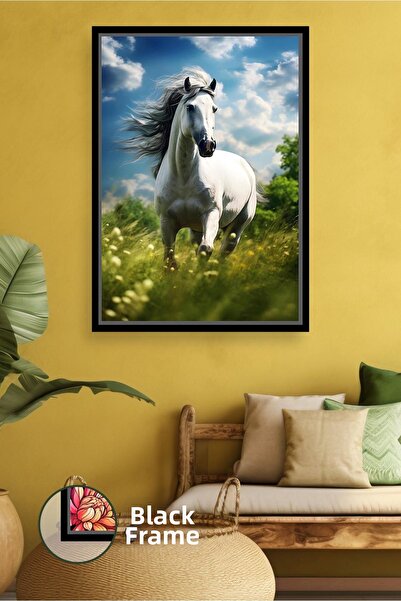 KOSS Dijital Decor de perete elegant cu figură de cal alb care alergă în natu...