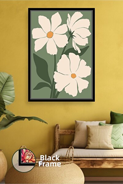 KOSS Dijital Decor de perete cu flori albe pe fundal verde, stil boem, ton na...