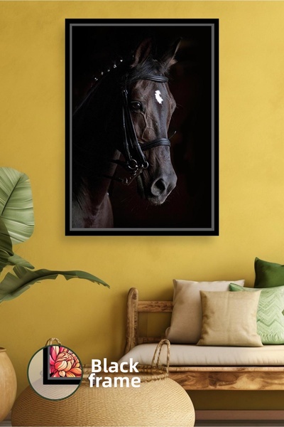 KOSS Dijital Portret de cal negru nobil pe fundal negru Decor de perete moder...