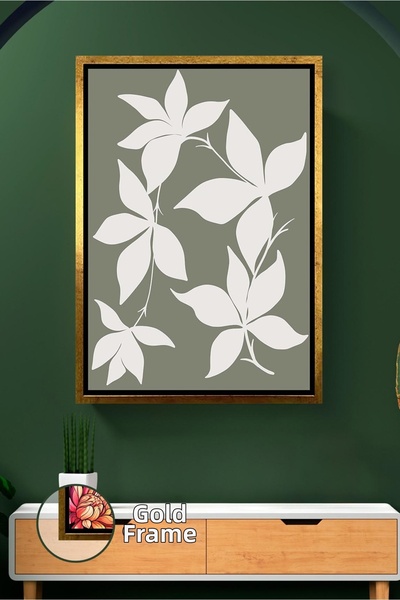 KOSS Dijital Pictură de perete cu model de frunze albe pe fundal verde măslin...