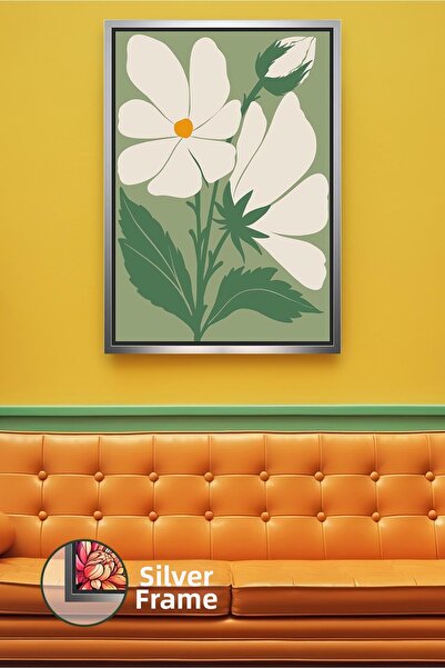 KOSS Dijital Decor de perete boho cu flori albe pe fundal verde, pictură pe p...