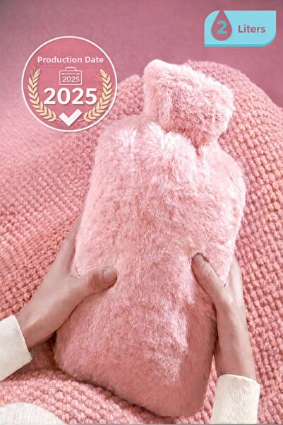 Ecuy Hot Water Bag Warm Water Bag with Soft Plush Cover 2L. Capacity Washable Cover Pink