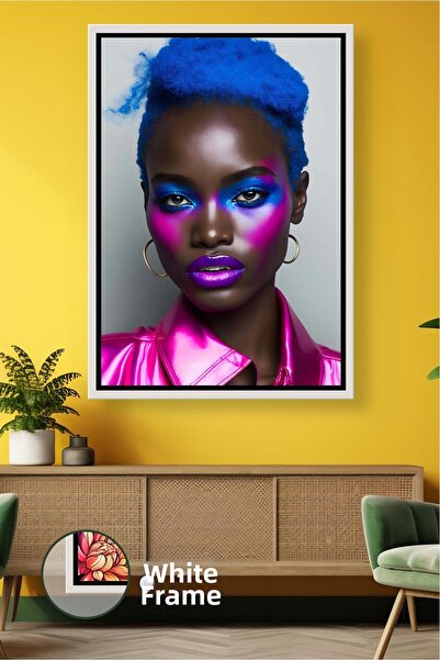 KOSS Dijital Πορτρέτο μιας αφρικανικής γυναίκας με μπλε μαλλιά, ζωηρό ροζ μακ...