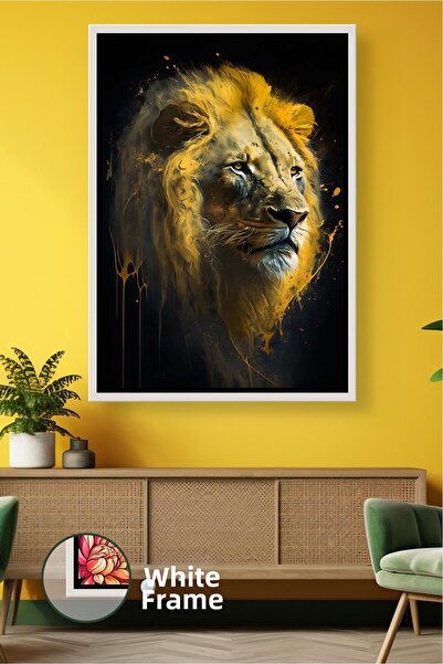 KOSS Dijital Pictură pe pânză înrămată, în ton auriu, cu fundal negru de leu,...