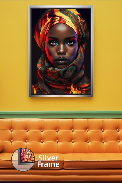 KOSS Dijital Portret de femeie africană în tonuri de foc cu o pălărie, fundal...