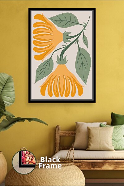 KOSS Dijital Pictură de perete boho cu flori galbene, stil boem cu frunze ver...