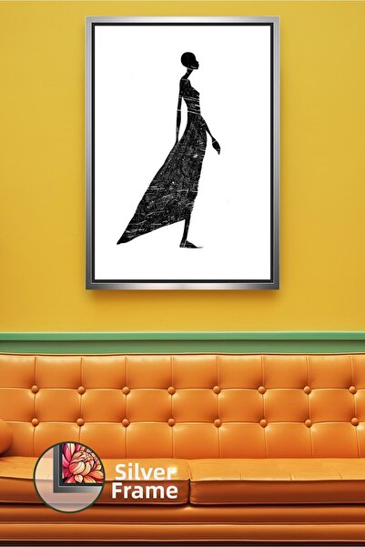 KOSS Dijital Siluetă de femeie africană alb-negru în rochie lungă, pictură pe...