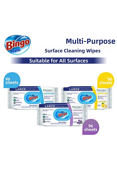 Bingo منشفة تنظيف الأسطح بالصابون الأبيض واللافندر والليمون 96 قطعة (288 ورقة)