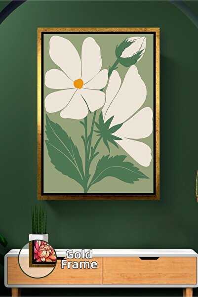 KOSS Dijital Decor de perete boho cu flori albe pe fundal verde, pictură pe p...