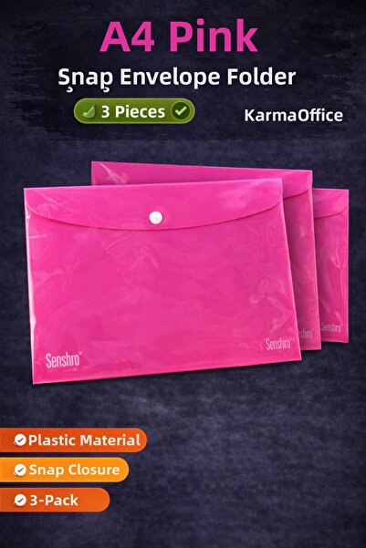 KarmaOfis A4 Pink Snap Envelope File 3 Pieces – Plastic Document File