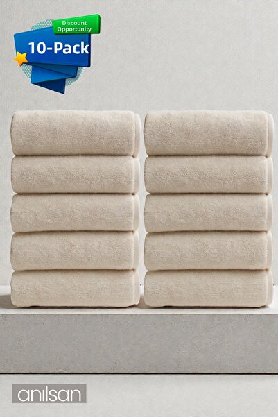 Anılsan 10 مناشف يد مسطحة باللون البيج - 50×90 سم، 225 جرام، 100% قطن، مناشف للمنتجعات الصحية والفنادق