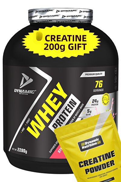 Dynamic Nutrition Whey Protein Powder 2280 g + Creatine 200 g with Gift - 76 Servings - Strawberry - with Digestive Enzyme Added