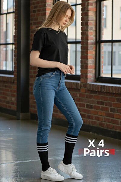 Esinti 4 Pairs Men Women Cotton White Black Striped Long Tennis Socks Unisex Sports Socks