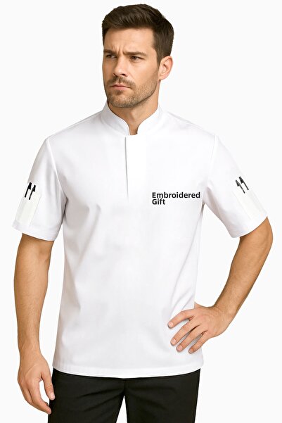 Üniformanya Jachetă albă de bucătar cu mânecă scurtă, cu cadou cu nume, haine de bucătar, uniformă de bucătar, cămașă de bucătar