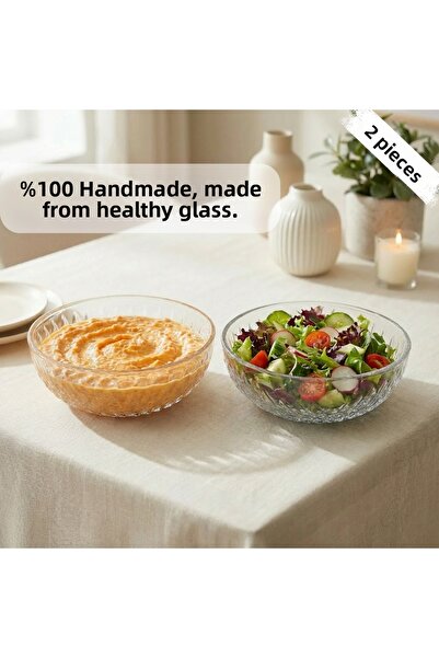Glamis Selen Concept İnci Model Handmade Glass Salad and Fruit Bowl Set of 2