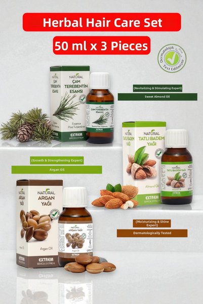 Natural مجموعة العناية بالشعر الطبيعية |   زيت الأرغان - زيت اللوز - خلاصة التربنتين من الصنوبر |   50 مل × 3 قطع