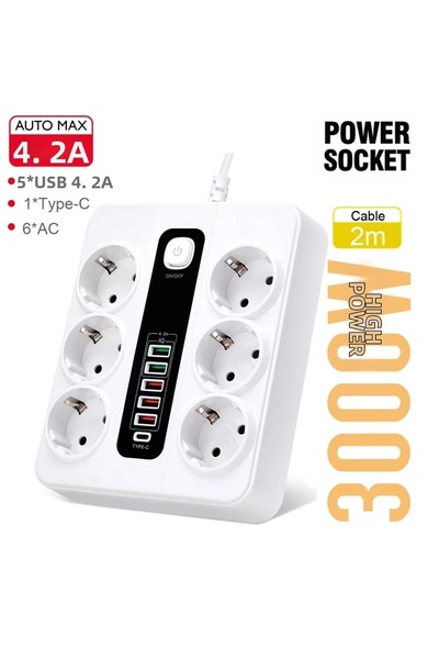 Twin Store Hp-H04 3000W 10Amp 6-Piece Multi Thermal Current Socket with 2 Met...